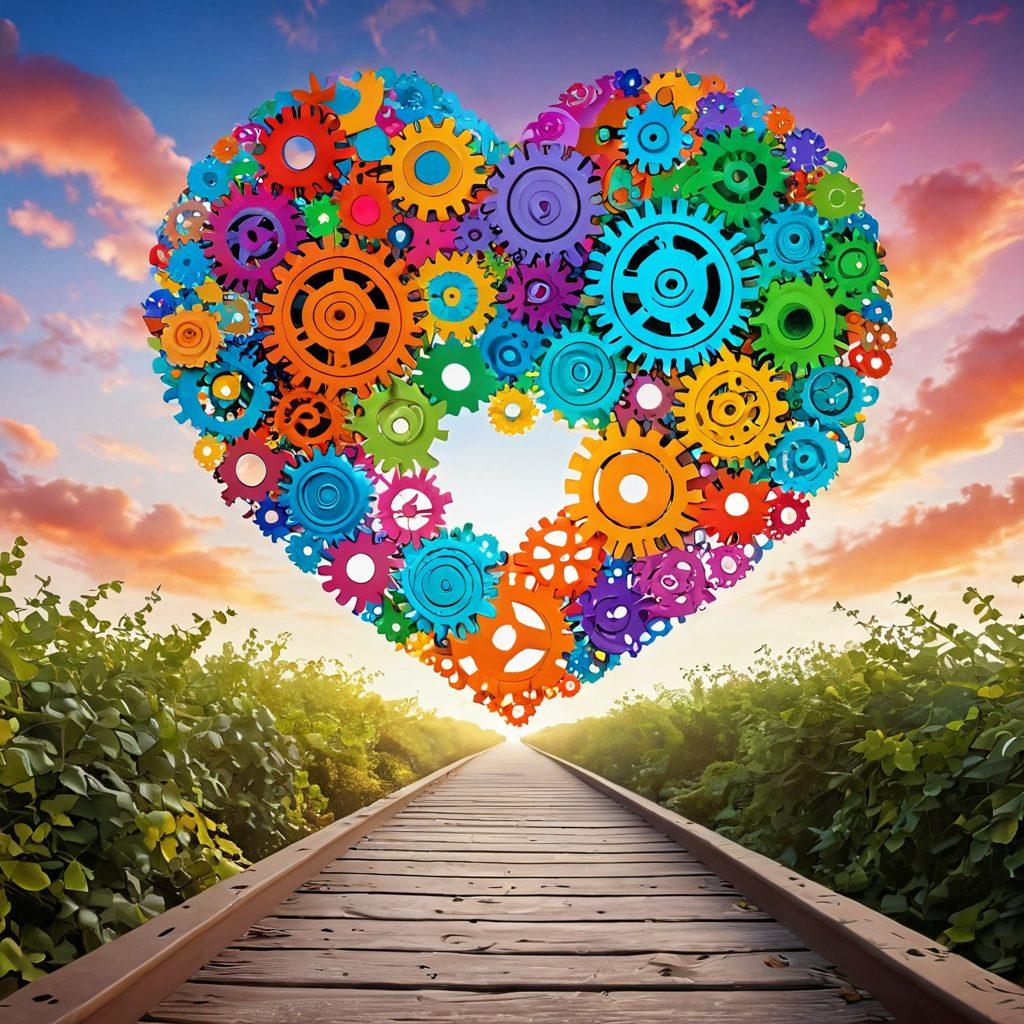 A pathway opening towards a bright horizon, symbolizing potential and growth. Include a brain made of gears to represent IQ and a heart intertwined with vines showcasing emotional well-being. Soft, uplifting colors create a positive atmosphere. Surround with abstract shapes to evoke the complexities of the mind. Vibrant colors. 3D.